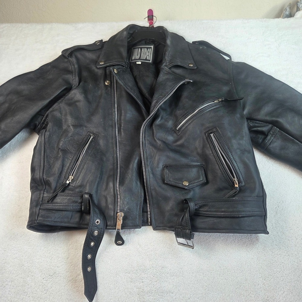 Wild Rider Mens Black Leather Motorcycle Jacket Biker Asymmetric Zip Belted 48